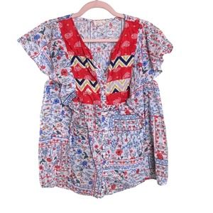 ANTHROPOLOGIE {Let Me Be} Blue Red Ruffle Microfloral Mixed Media Blouse 10